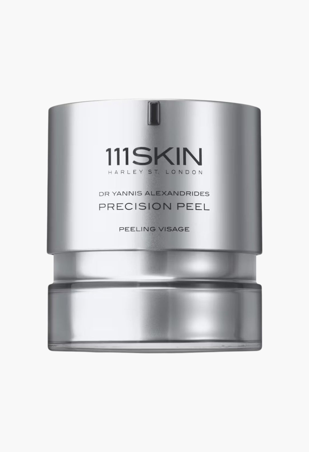 GLAM MODA 111SKIN Precision Peel resurfacing treatment in a sleek metallic silver cylindrical jar.