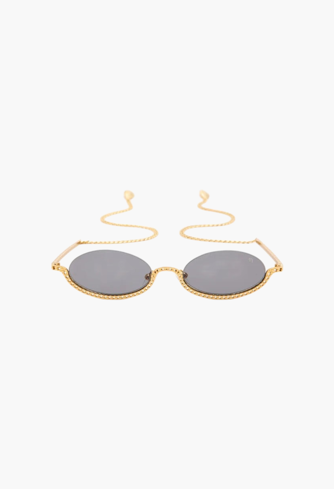 GLAM MODA Gaga sunglasses featuring sculptural gold metal frames with an integrated chain and dark anti-reflective lenses