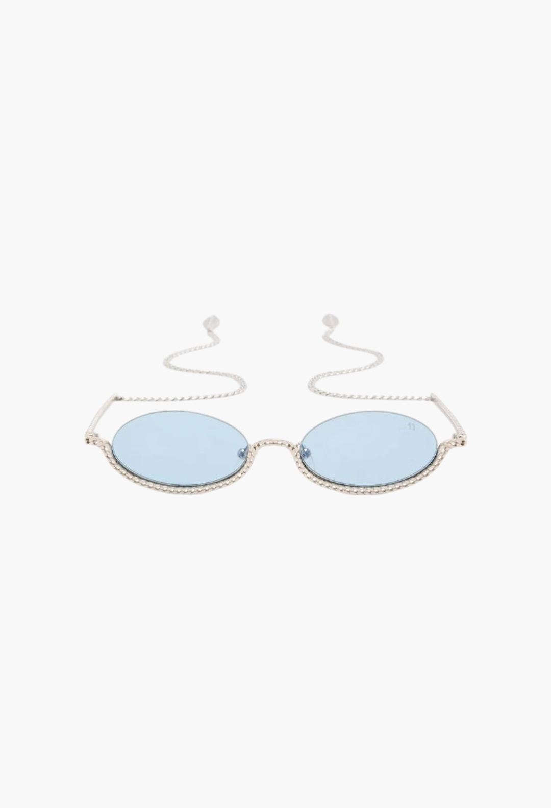 GLAM MODA Gaga sunglasses featuring sculptural gold metal frames with blue lenses and integrated chain detail.