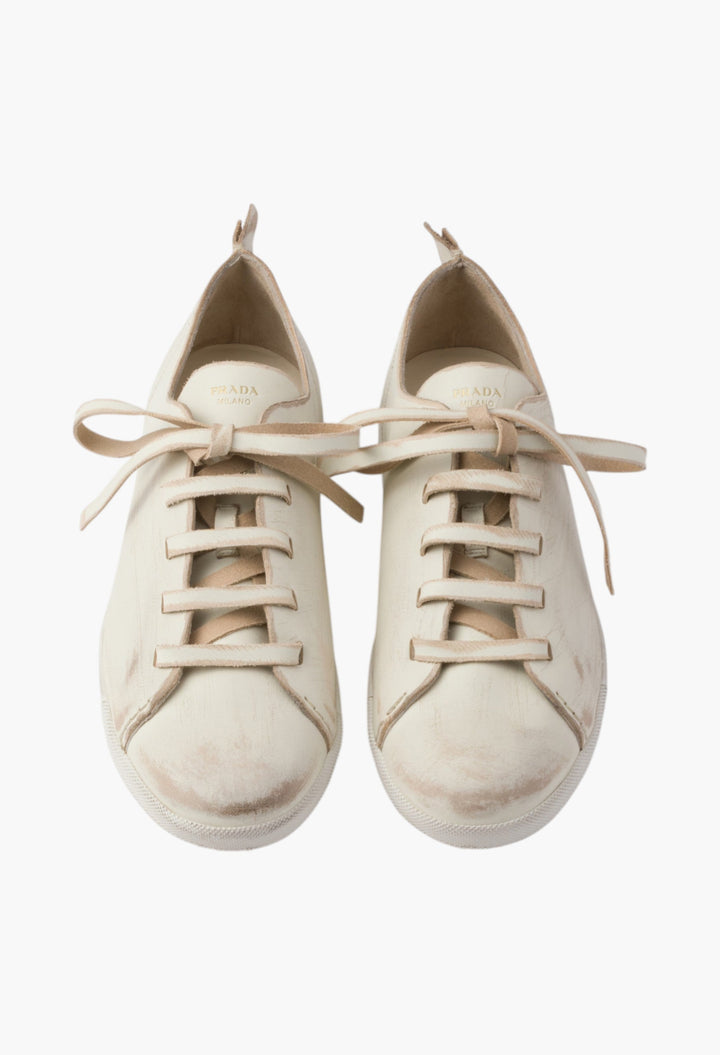 Chalk White - Antiqued Leather Sneakers - GLAM MODA