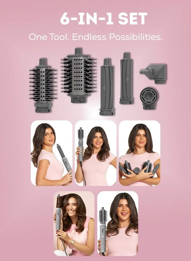 Clara Multi Styler For All Hair Types 6-In-1 Styling Tool With Auto-Wrap Curlers, Blow Dryer, Round &Amp; Oval Brush ? 1500w Ionic Hair Styler For Frizz-Free Waves &Amp; Salon Blowouts (Diamond Silver) Diamond Silver - GLAM MODA