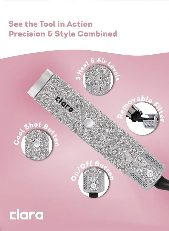 Clara Multi Styler For All Hair Types 6-In-1 Styling Tool With Auto-Wrap Curlers, Blow Dryer, Round &Amp; Oval Brush ? 1500w Ionic Hair Styler For Frizz-Free Waves &Amp; Salon Blowouts (Diamond Silver) Diamond Silver - GLAM MODA