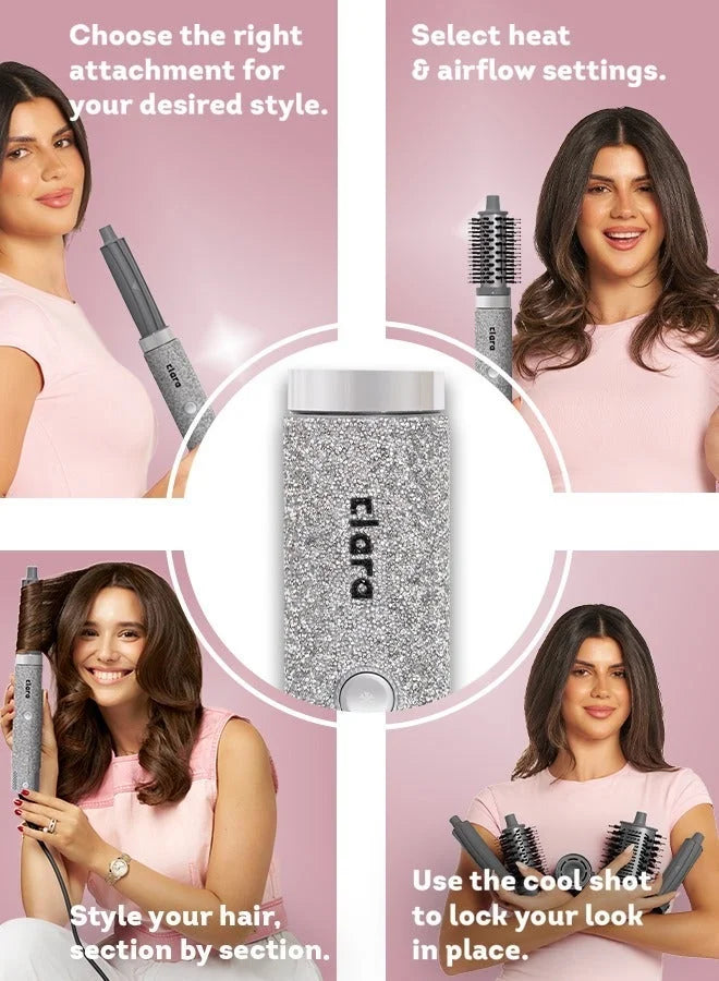 Clara Multi Styler For All Hair Types 6-In-1 Styling Tool With Auto-Wrap Curlers, Blow Dryer, Round &Amp; Oval Brush ? 1500w Ionic Hair Styler For Frizz-Free Waves &Amp; Salon Blowouts (Diamond Silver) Diamond Silver - GLAM MODA