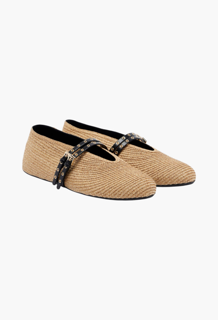 Paperstraw Leather-Trimmed Mary Jane Flats - GLAM MODA