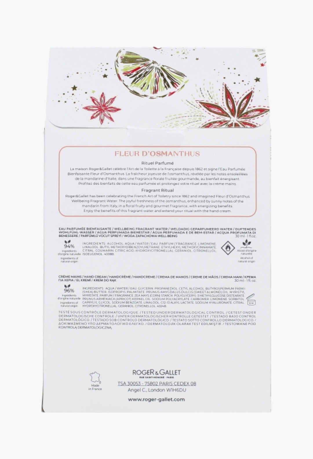 Fleur D'osmanthus Christmas Gift Set 2023 - Floral Elegance With Osmanthus & Shea Butter - 30ml Wellbeing Water & 30ml Hand Cream