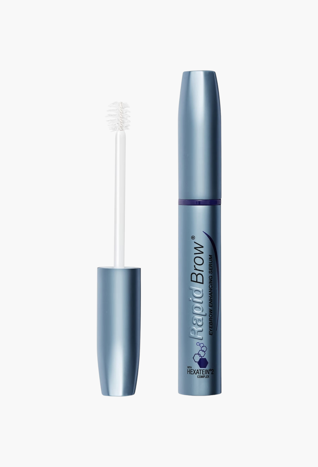 GLAM MODA RapidBrow eyebrow enhancing serum in a blue tube with a white applicator brush for fuller looking brows