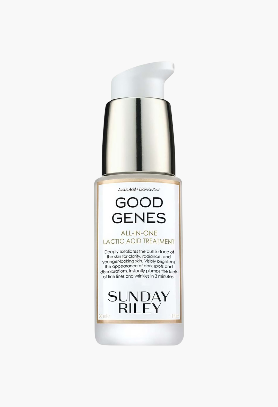 GLAM MODA Sunday Riley Good Genes lactic acid treatment bottle with white pump dispenser for radiant skin