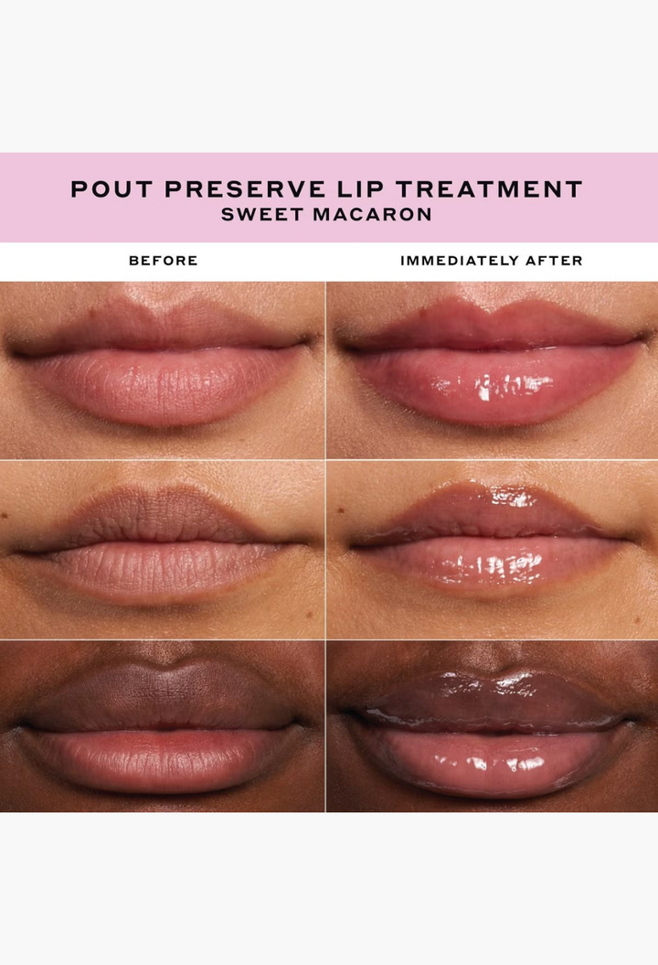 GLAM MODA Ole Henriksen Sweet Macaron Pout Preserve lip treatment showing before and after application on lips.