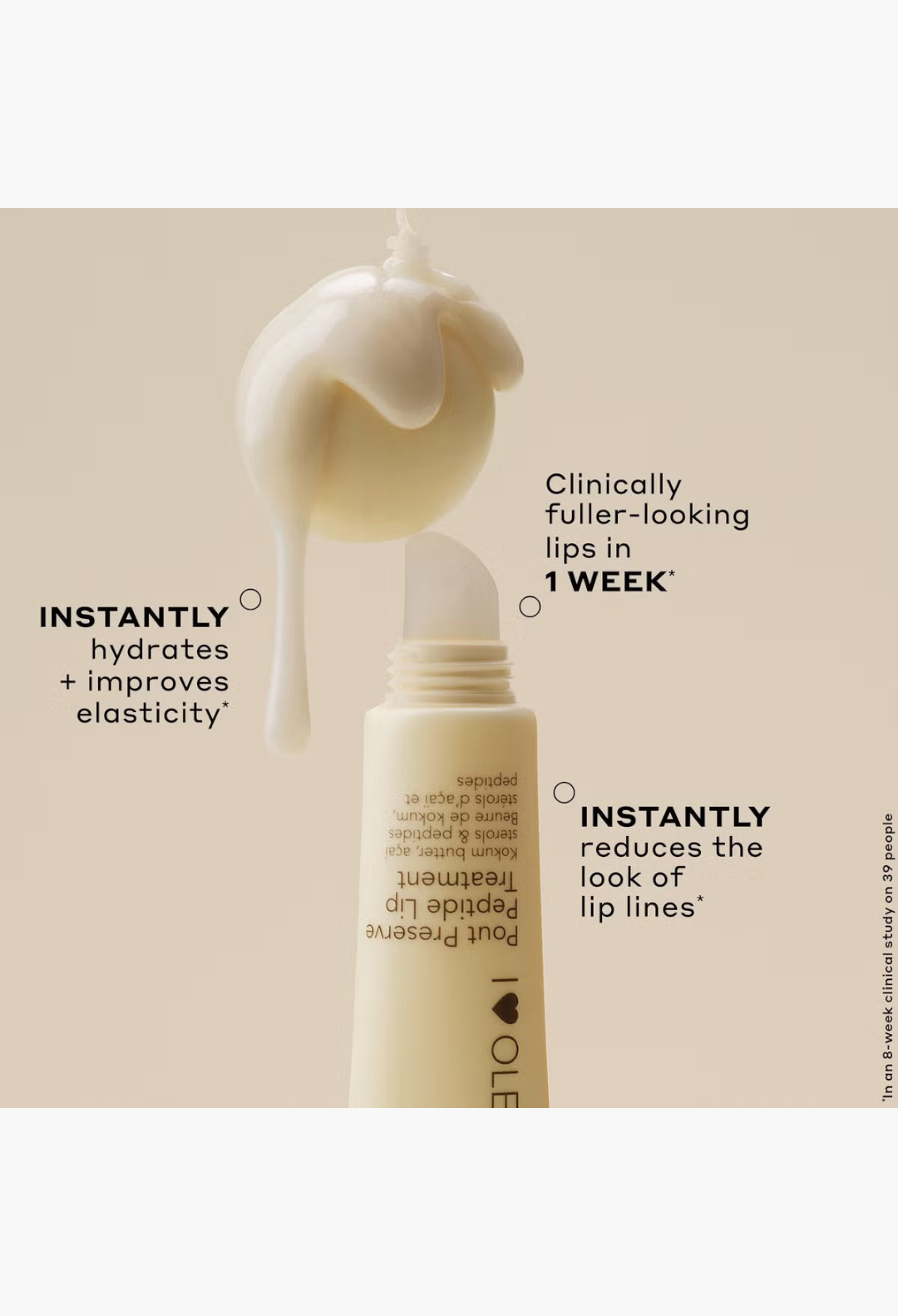 GLAM MODA Ole Henriksen Pout Preserve peptide lip treatment tube with a creamy balm texture and benefit text overlays.
