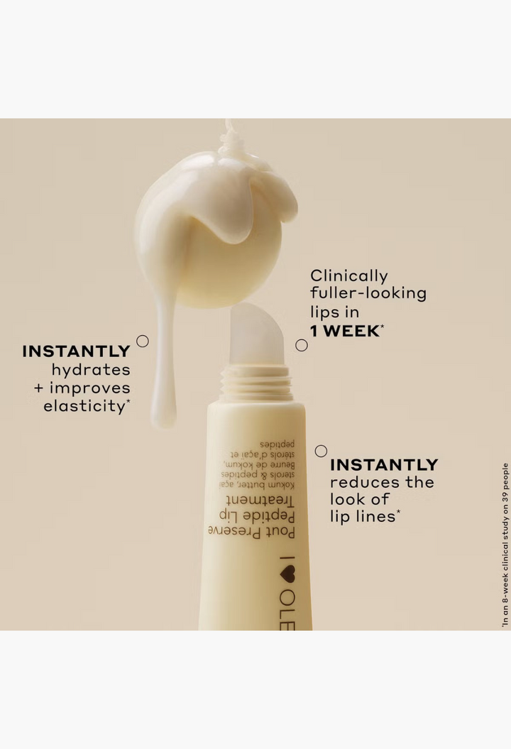 GLAM MODA Ole Henriksen Pout Preserve peptide lip treatment tube with a creamy balm texture and benefit text overlays.
