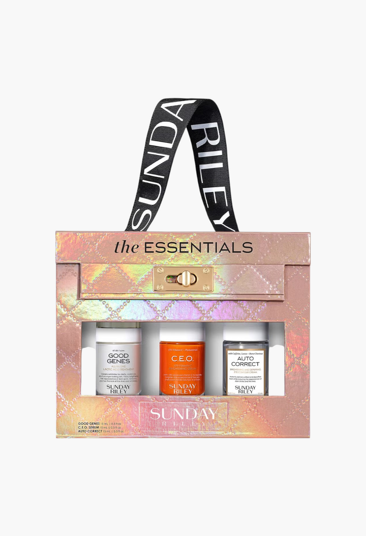 GLAM MODA Sunday Riley The Essentials skincare kit featuring Good Genes, C.E.O. Serum, and Auto Correct eye cream.