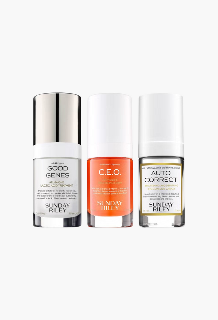 GLAM MODA Sunday Riley The Essentials skincare kit featuring Good Genes, C.E.O. Serum, and Auto Correct eye cream.