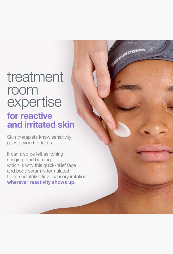 GLAM MODA Dermalogica Stabilizing Repair Serum being applied to a woman's face to soothe reactive and irritated skin.
