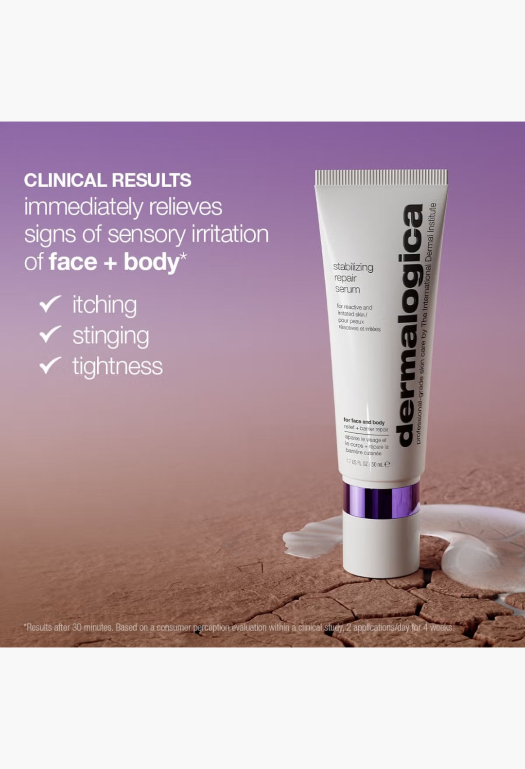 GLAM MODA Dermalogica Stabilizing Repair Serum in a white 50ml tube for soothing reactive and sensitive skin.