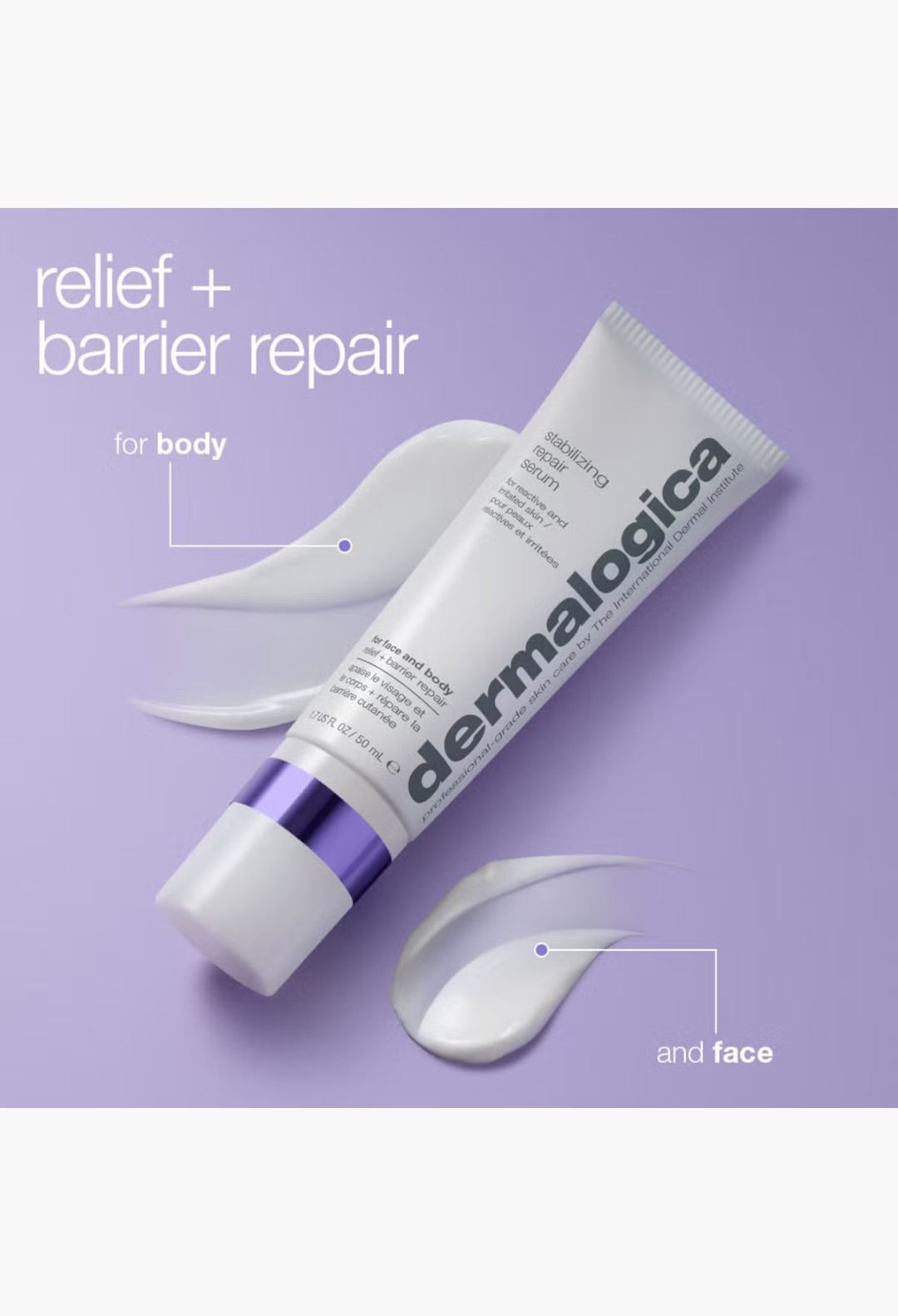 GLAM MODA Dermalogica Stabilizing Repair Serum tube with soothing purple cream texture swirls for sensitive skin