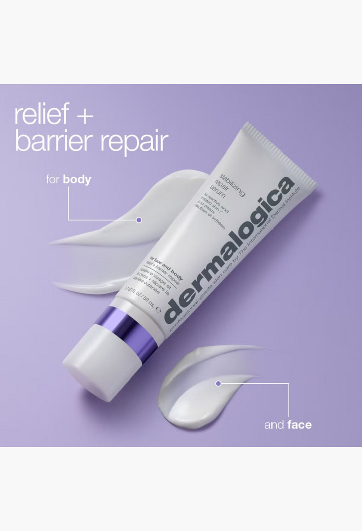 GLAM MODA Dermalogica Stabilizing Repair Serum tube with soothing purple cream texture swirls for sensitive skin