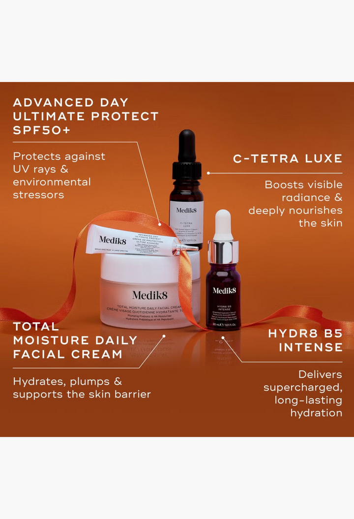 GLAM MODA Medik8 Radiance Ritual skincare set featuring four essential serums and creams for a radiant complexion.