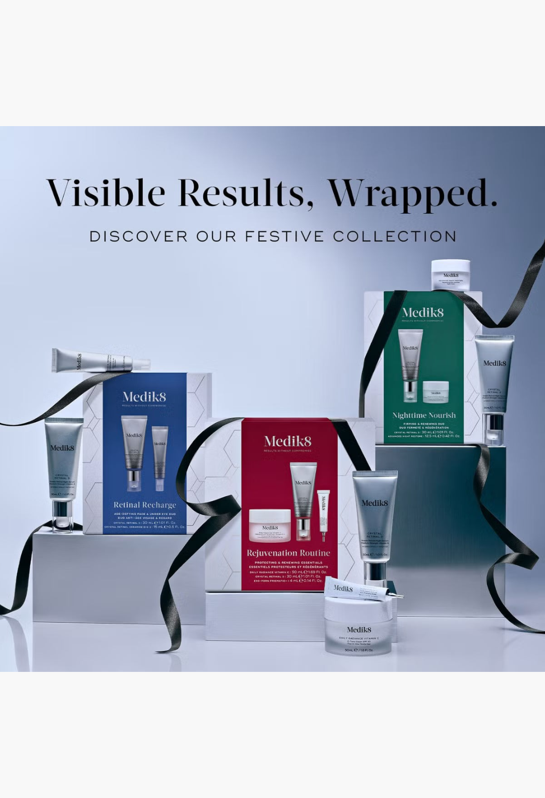 GLAM MODA Medik8 Radiance Ritual skincare set featuring four luxury serums and creams for a radiant complexion.