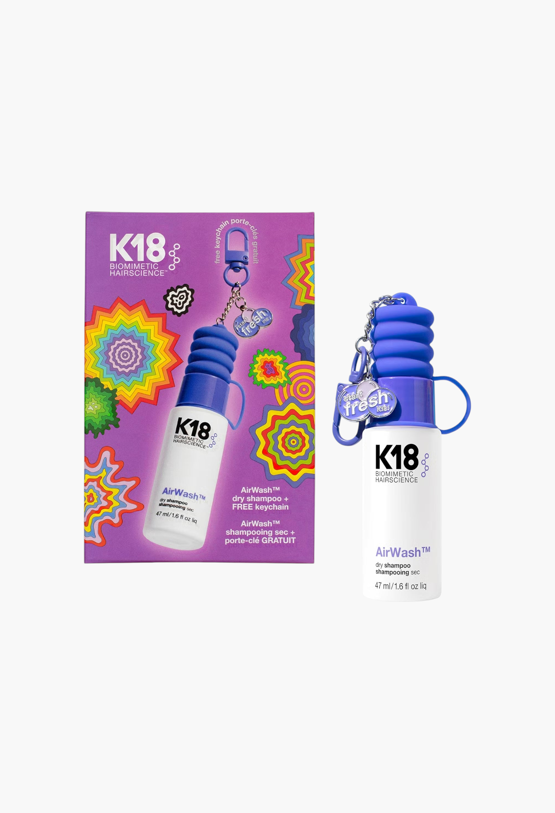 GLAM MODA K18 Fresh Hair on the Go set featuring a mini AirWash dry shampoo bottle with a collectible keychain.
