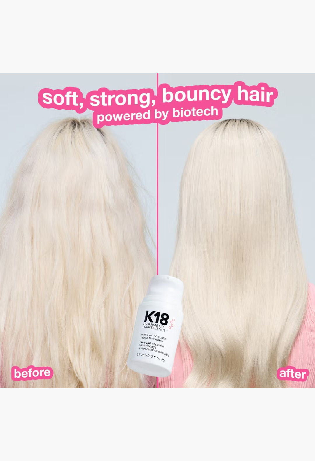 GLAM MODA K18 hair mask before and after comparison showing improved shine and smoothness on blonde hair
