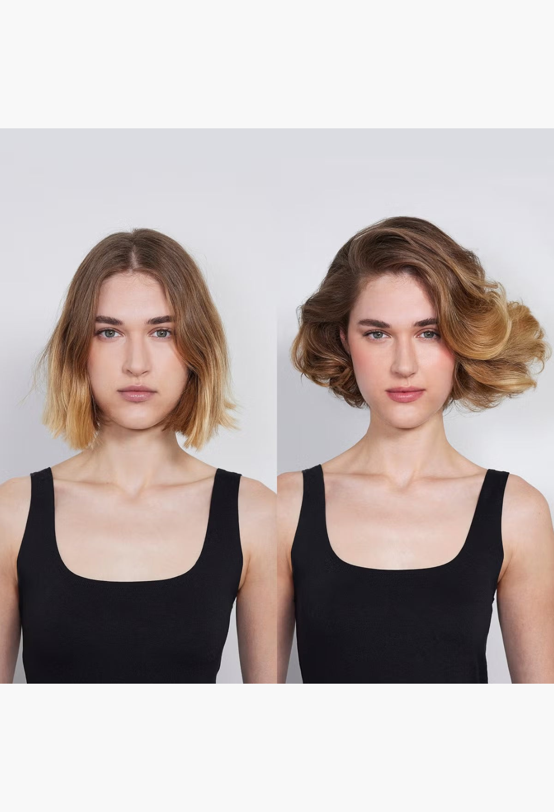 GLAM MODA Hair By Sam McKnight Cool Girl Body Volumising Cream showing before and after hair volume on a model