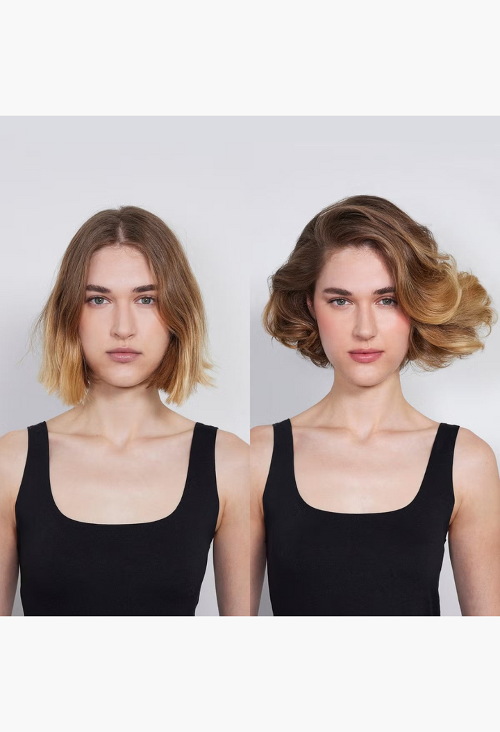 GLAM MODA Hair By Sam McKnight Cool Girl Body Volumising Cream showing before and after hair volume on a model