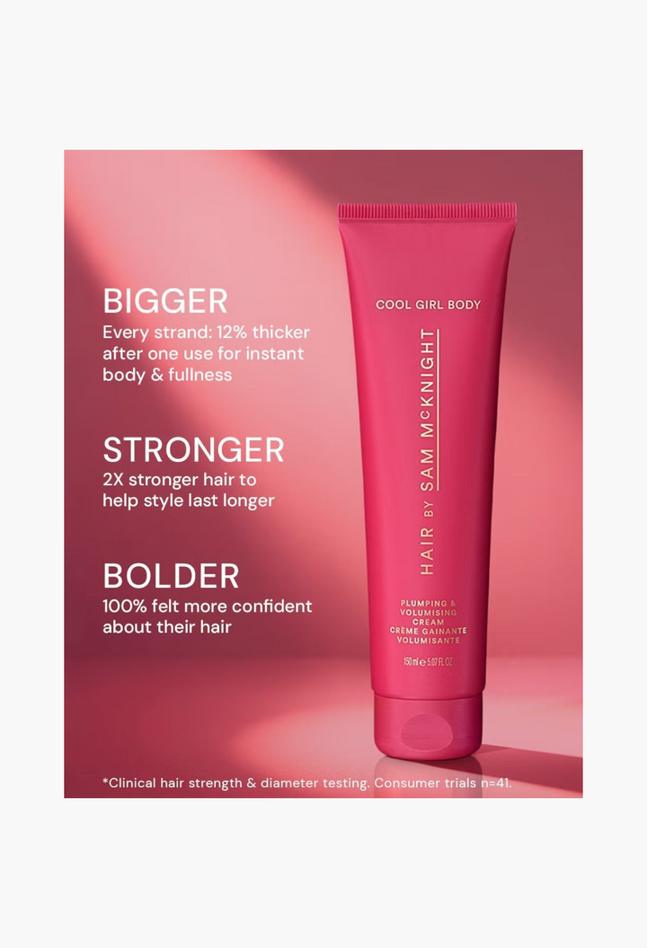 GLAM MODA Hair By Sam McKnight Cool Girl Body Volumising and Plumping Cream in a pink tube on a pink background.