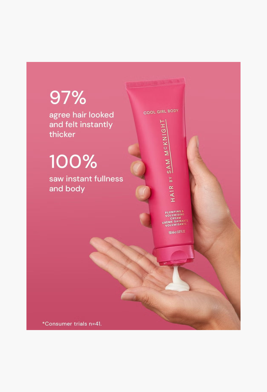GLAM MODA Hair By Sam McKnight Cool Girl Body volumising cream being squeezed from a pink tube into a hand
