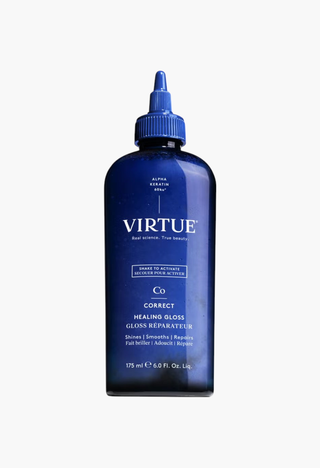 GLAM MODA VIRTUE Healing Gloss 175ml hair treatment bottle in a deep blue container with a precision applicator tip.