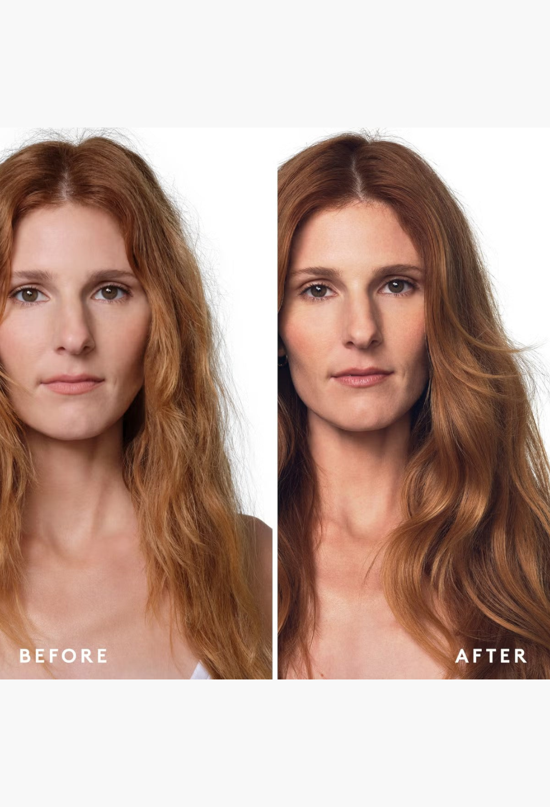 GLAM MODA Virtue Healing Gloss before and after results showing smoother, shinier, and healthier red hair.