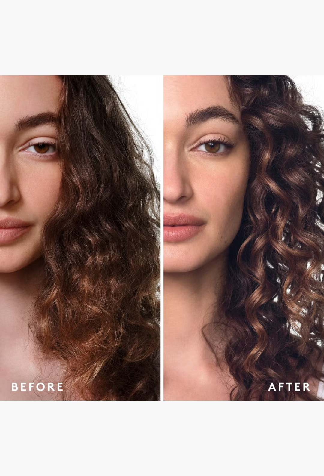GLAM MODA Virtue Healing Gloss before and after comparison showing smoother, shinier, and more defined curly hair