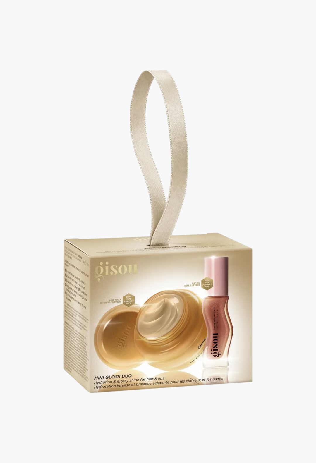 GLAM MODA Gisou Mini Gloss Duo set featuring a honey-infused hair mask and Glazed Plum lip oil in gift packaging.