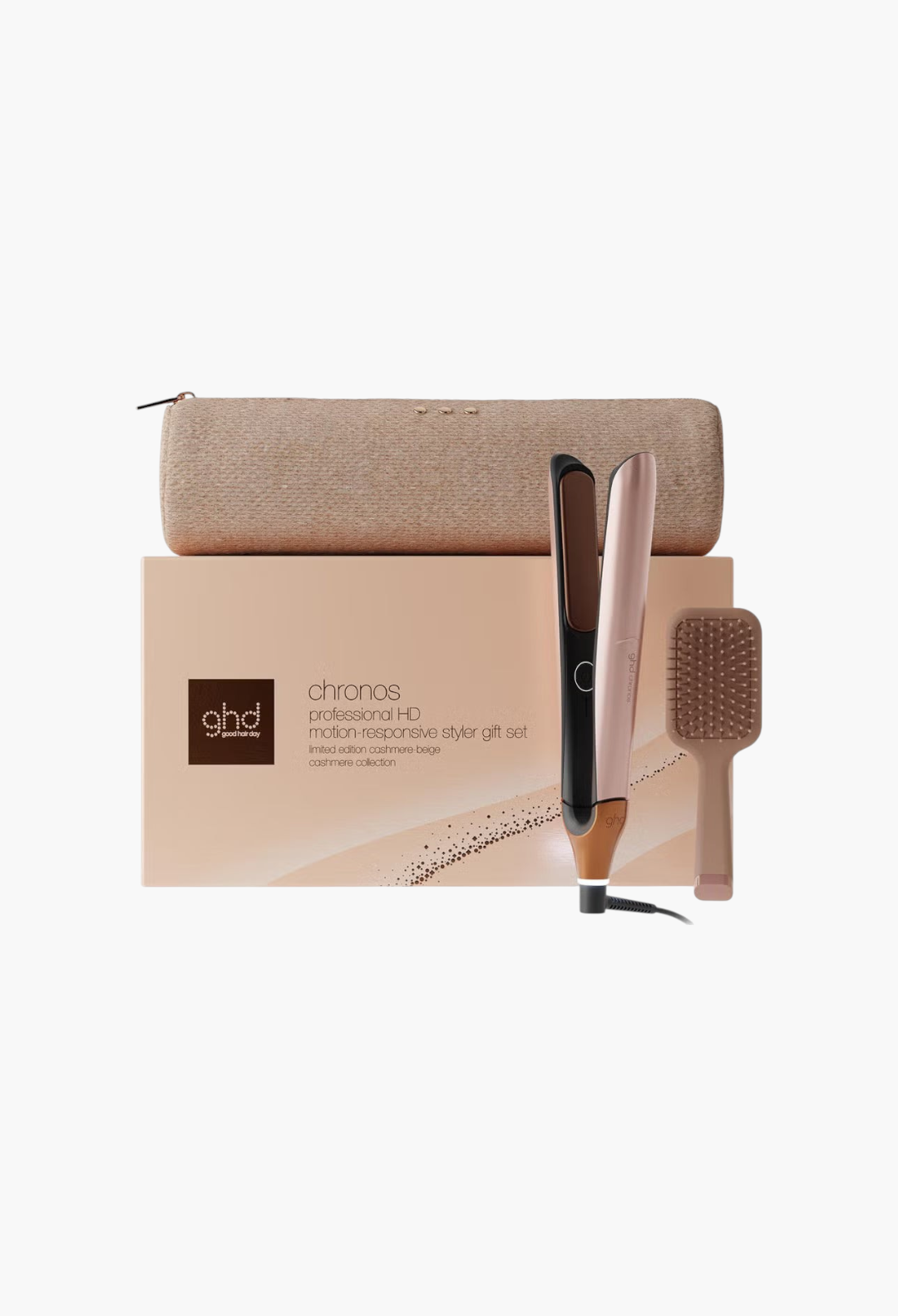 GLAM MODA ghd Chronos Styler gift set including a beige hair straightener, paddle brush, and matching storage case.