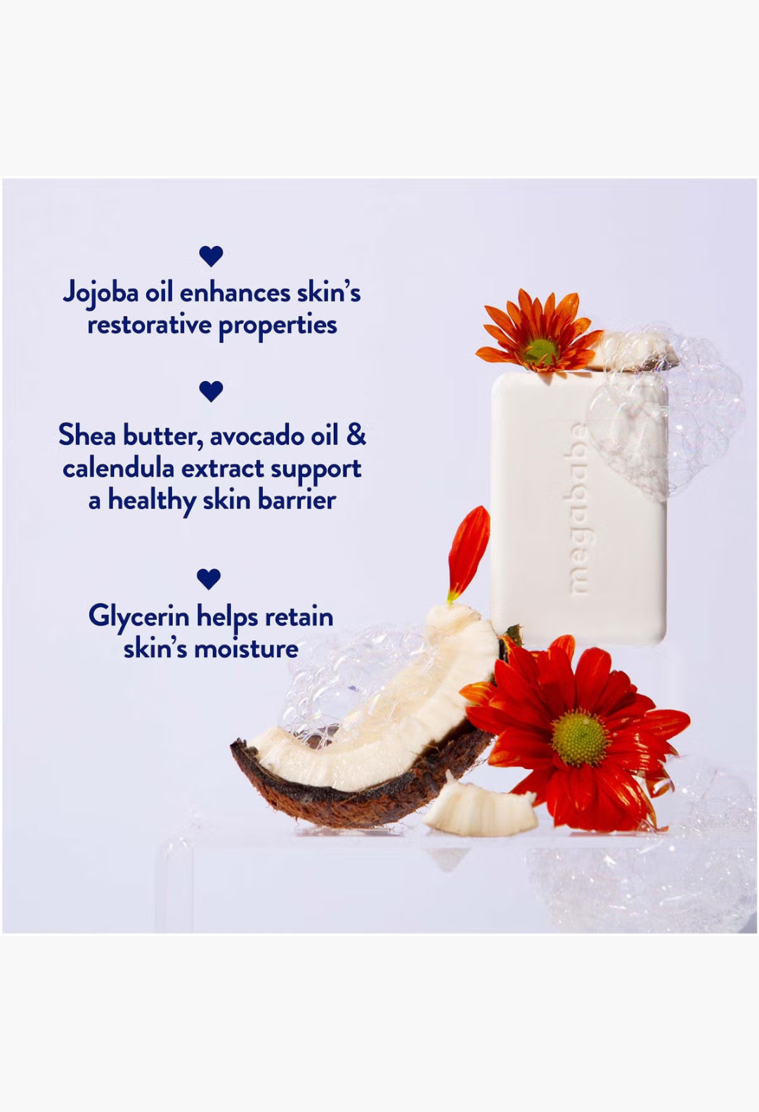 GLAM MODA Megababe Bidet Bar feminine cleansing soap with jojoba, shea butter, and avocado oil on a clear pedestal.