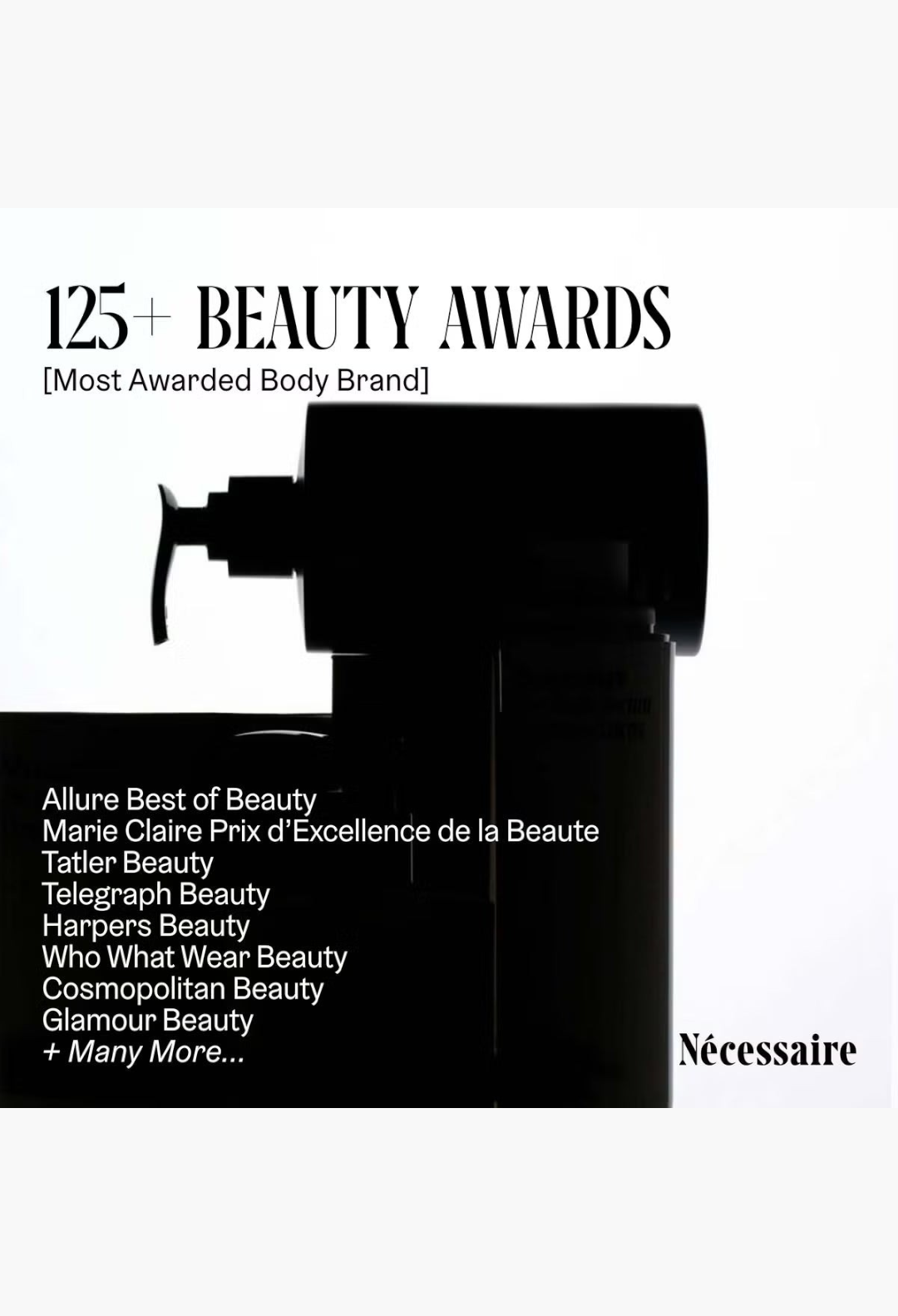 GLAM MODA Nécessaire The Body Wash Eucalyptus bottle silhouette featuring beauty award accolades on a minimalist background
