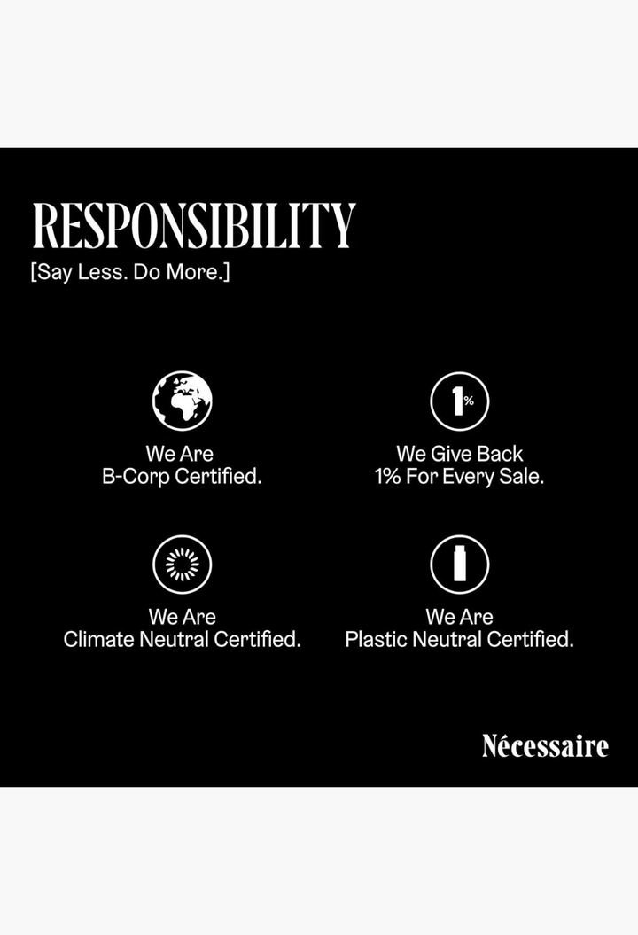 GLAM MODA Nécessaire brand responsibility infographic showing B-Corp, Climate Neutral, and Plastic Neutral certifications.