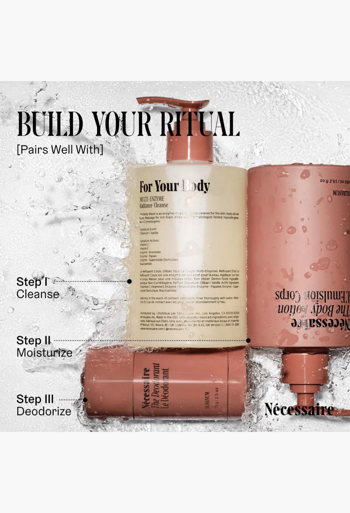 GLAM MODA Nécessaire body care set featuring The Body Wash, body lotion, and deodorant in minimalist packaging.