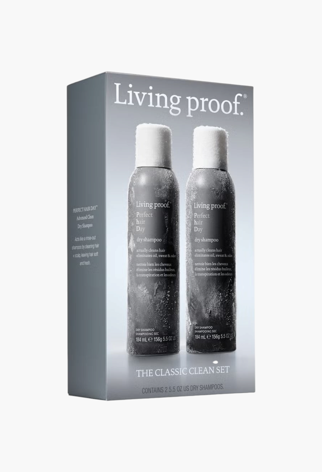 GLAM MODA Living Proof The Classic Clean Set featuring two Perfect hair Day dry shampoo bottles in a silver box.