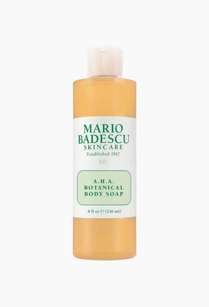GLAM MODA Mario Badescu AHA Botanical Body Soap in a clear 8 fl oz bottle with a white label and green text.