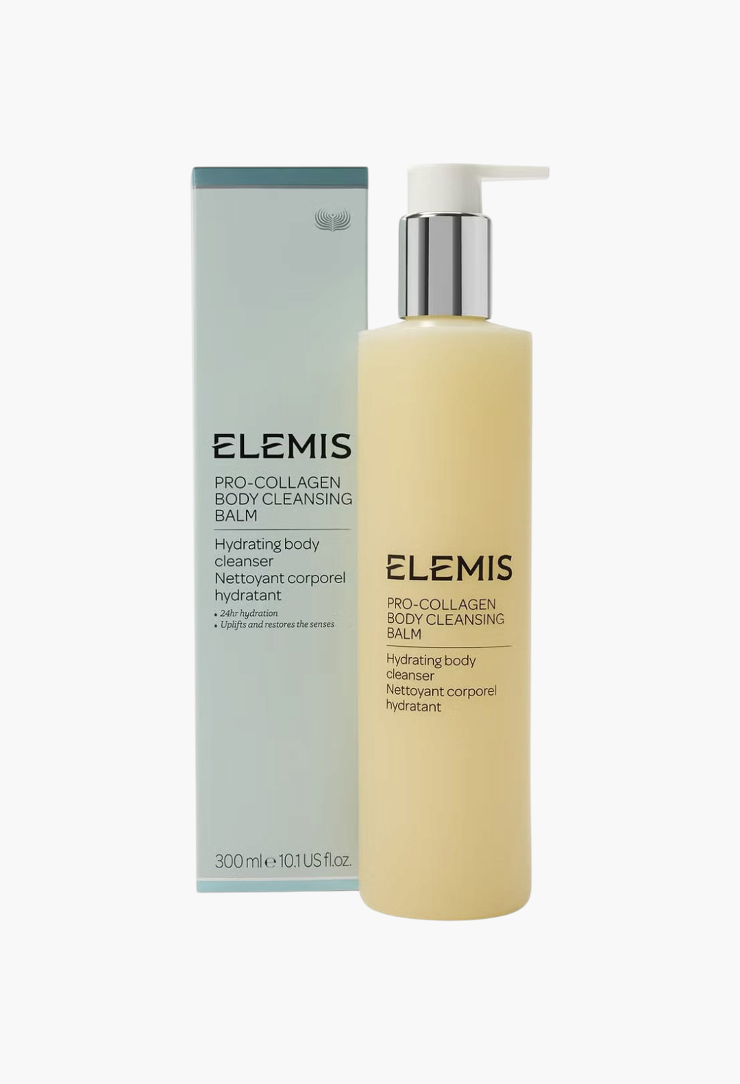 GLAM MODA Elemis Pro-Collagen Body Cleansing Balm bottle and box, a hydrating skincare cleanser with pump dispenser.
