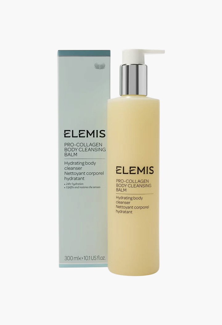 GLAM MODA Elemis Pro-Collagen Body Cleansing Balm bottle and box, a hydrating skincare cleanser with pump dispenser.