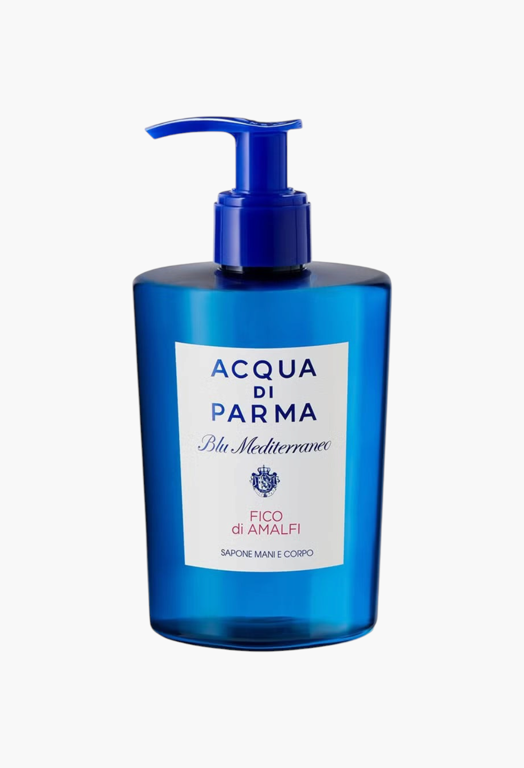 GLAM MODA Acqua Di Parma Blu Mediterraneo Fico di Amalfi hand and body wash in a signature blue pump bottle.