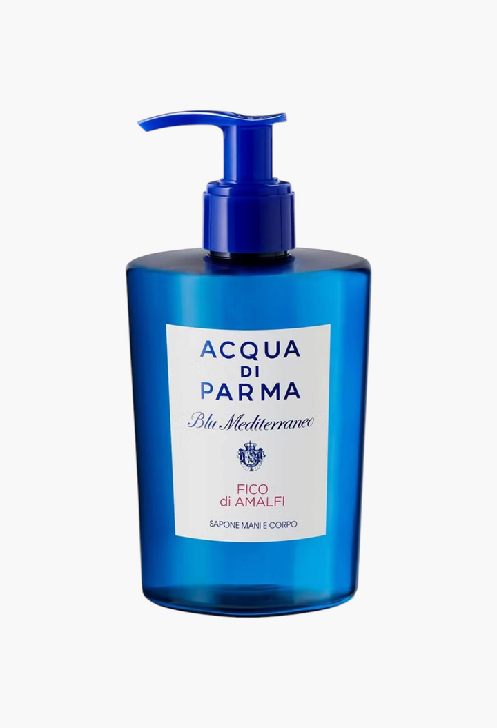 GLAM MODA Acqua Di Parma Blu Mediterraneo Fico di Amalfi hand and body wash in a signature blue pump bottle.