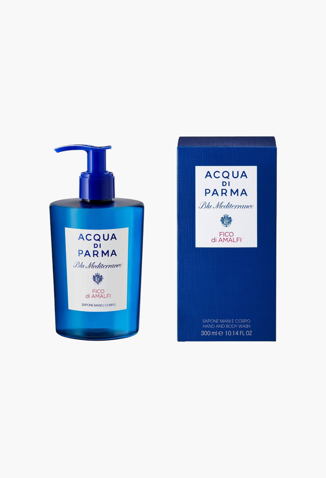 GLAM MODA Acqua Di Parma Fico di Amalfi hand and body wash in a blue pump bottle with its matching blue box.