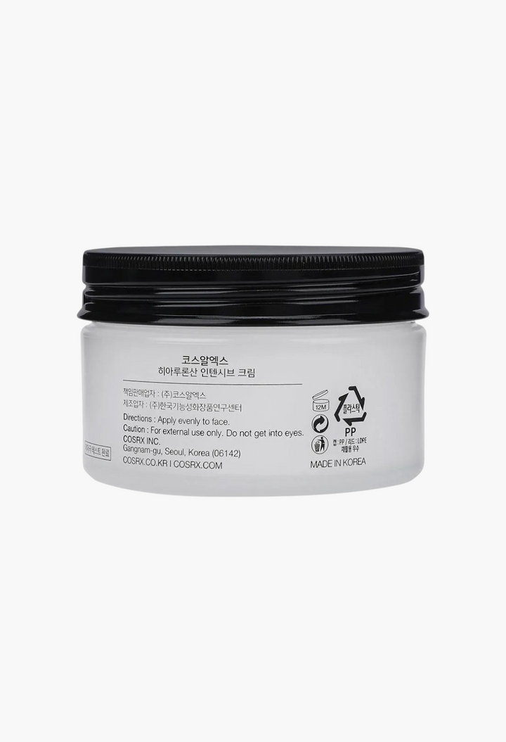 GLAM MODA Hyaluronic Acid Intensive Cream in a white jar with a black lid, showing product information and label.