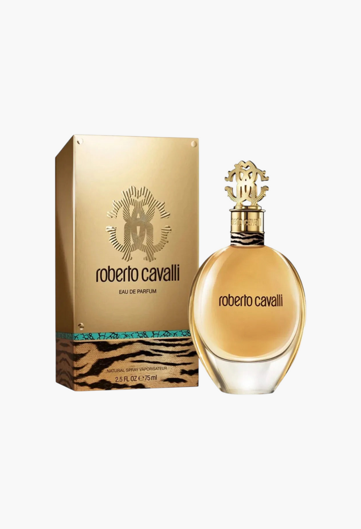 GLAM MODA Roberto Cavalli Eau de Parfum bottle and gold box with signature tiger print and ornate gold cap