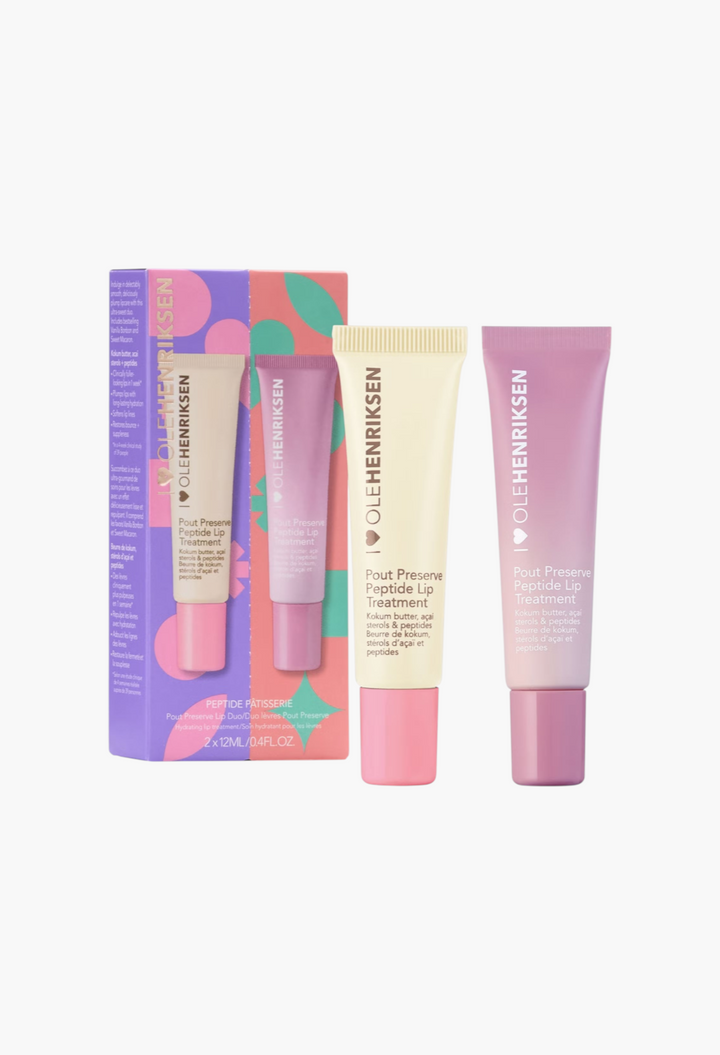 GLAM MODA OLE HENRIKSEN Peptide Patisserie Pout Lip Duo featuring two hydrating peptide lip treatment tubes and box.