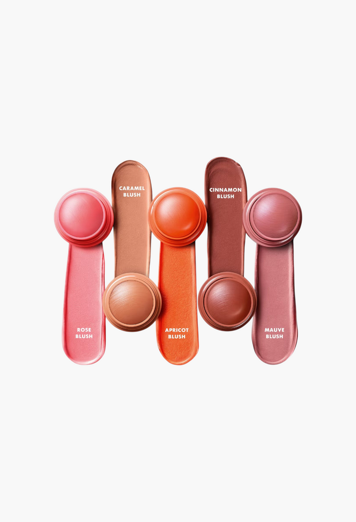 GLAM MODA Armani Dolci Blush collection featuring five cream-to-powder blush sticks in various shades with swatches.