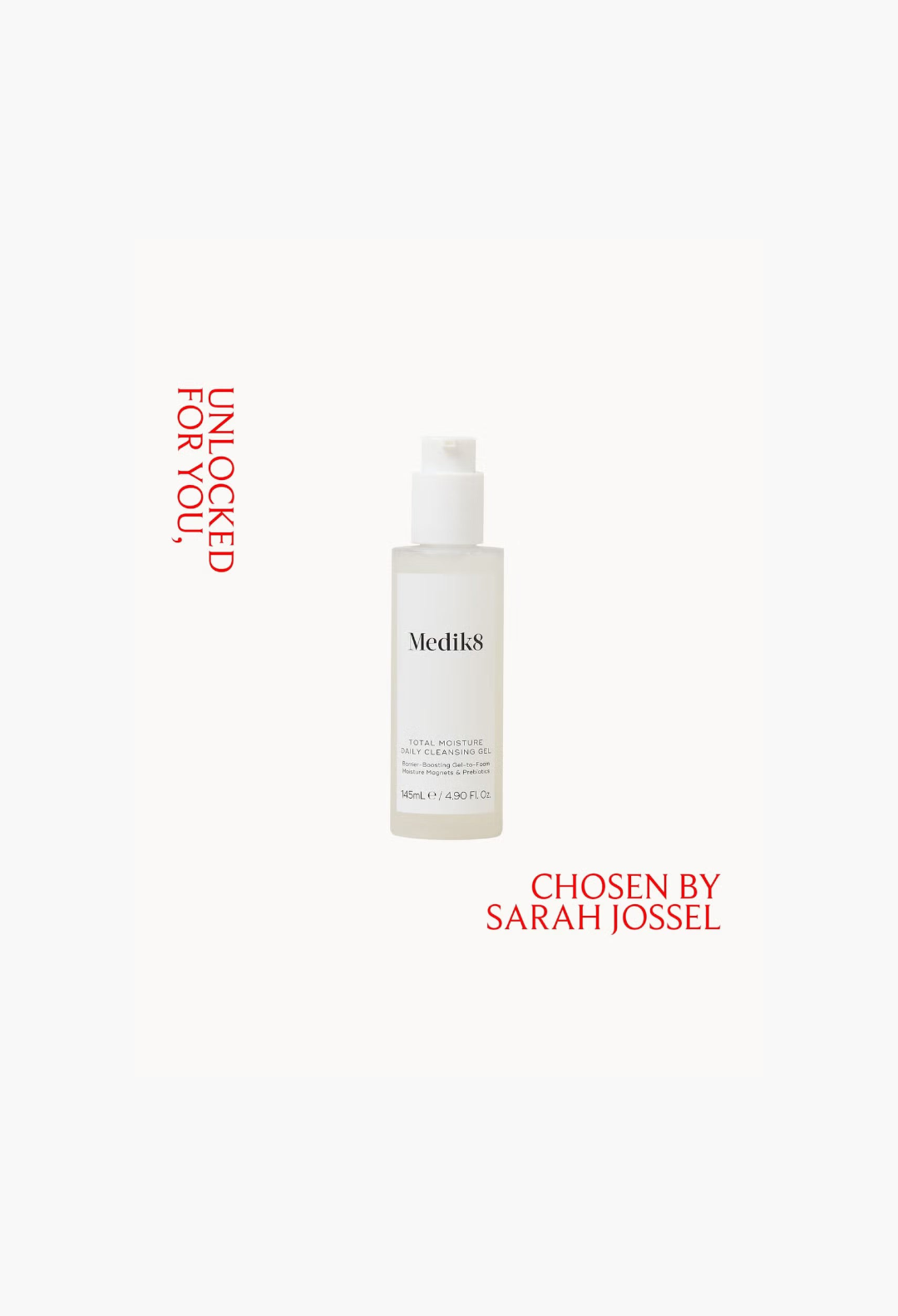 GLAM MODA Medik8 Total Moisture Daily Cleansing Gel in a clear pump bottle for hydrating facial cleansing.