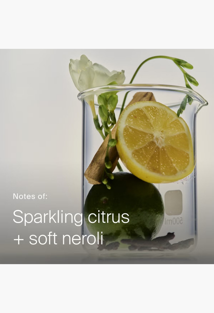 GLAM MODA beaker filled with fresh lemon, lime, and botanical ingredients representing the dry shampoo formula